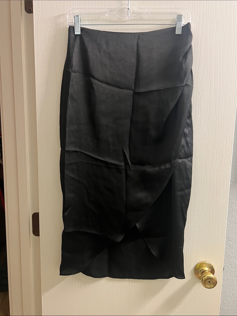 Express Black Satin Midi Skirt with Front Overlay